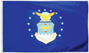 Blue flag with white stars arranged in a circle around a central Air Force emblem featuring a gold eagle and sunburst shield design.