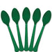 Five green plastic spoons with textured handles arranged in a row against a white background.