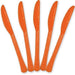 Five orange plastic knives with textured handles arranged in a fan pattern against a white background.