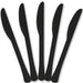 Five black plastic knives with serrated edges arranged in a fan pattern against a white background.