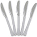 Five silver plastic knives with textured handles arranged in a fan pattern against a white background.