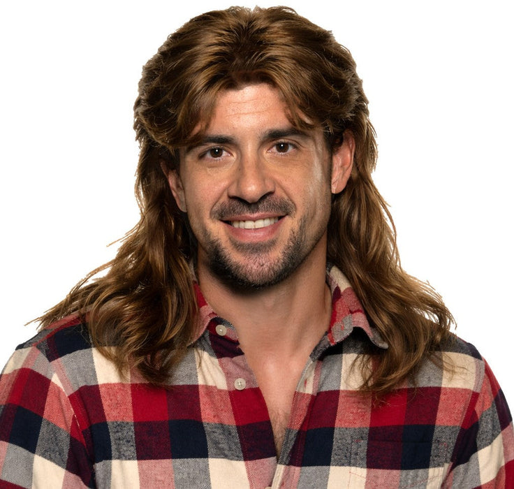 Product photo of the Brown Mullet Wig, shown against a plain background — a costume accessory for Halloween and dress-up.