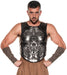 A man modeling a black and silver Roman-style gladiator armor costume vest set against a plain white background.
