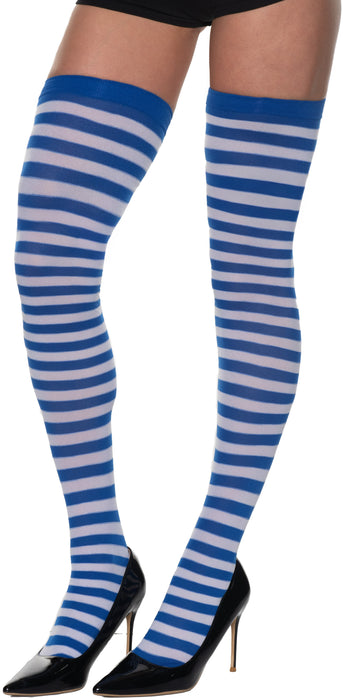 Product photo of the White/Blue Thigh High Stockings, shown against a plain background — a costume accessory for Halloween and dress-up.