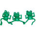 Three bright green rubber frog finger puppets with outstretched arms and legs displayed side by side.