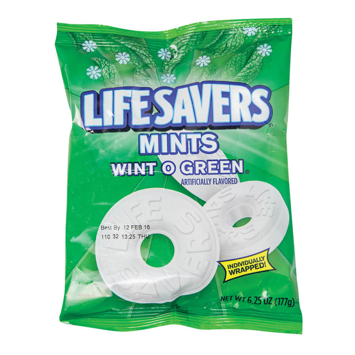 Lifesavers Wint O Green Mints: small mints. Sold in a 6.25 oz clear plastic peg bag that hangs from a printed header card, with the candy visible inside.