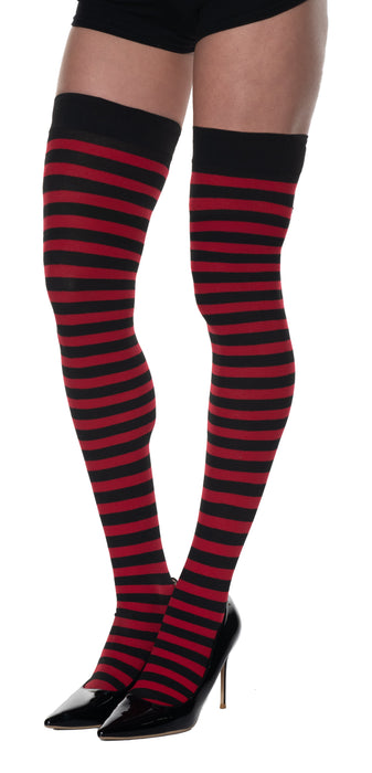 Product photo of the Red/Black Thigh High Stockings, shown against a plain background — a costume accessory for Halloween and dress-up.