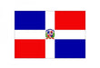 Dominican Republic flag featuring blue and red quarters divided by a white cross, with a centered coat of arms on a wooden stick.