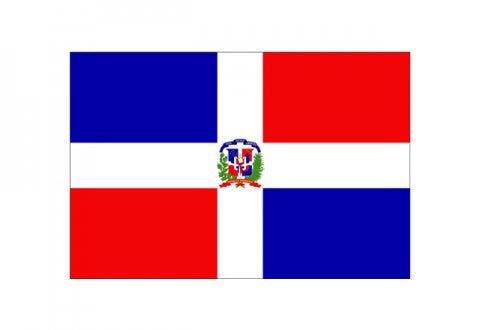 Dominican Republic flag featuring blue and red quarters divided by a white cross, with a centered coat of arms on a wooden stick.