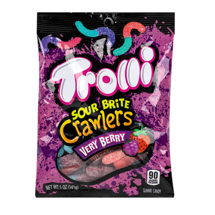 Trolli Very Berry Sour Brite Crawlers: soft sour gummy crawlers, red and blue in color. Sold in a 5 oz clear plastic peg bag that hangs from a printed header card, with the candy visible inside.