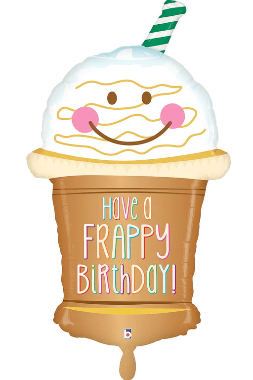 Mylar balloon shaped like a smiling ice cream cone with white whipped cream, golden drizzle, pink cheeks, and a green-striped straw, labeled "HAVE A FRAPPY BIRTHDAY" on the brown cone.