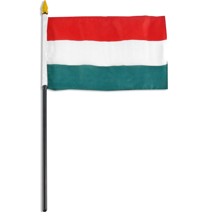 Small Hungarian flag featuring three horizontal stripes in red, white, and green, mounted on a black stick with a gold finial.
