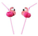 Pair of pink drinking straws with flamingo-shaped toppers featuring black beaks and eyes, with hot pink pompom bodies.
