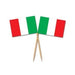 Two wooden sticks each holding four small Italian flags with red, white, and green stripes arranged in a fanned display.