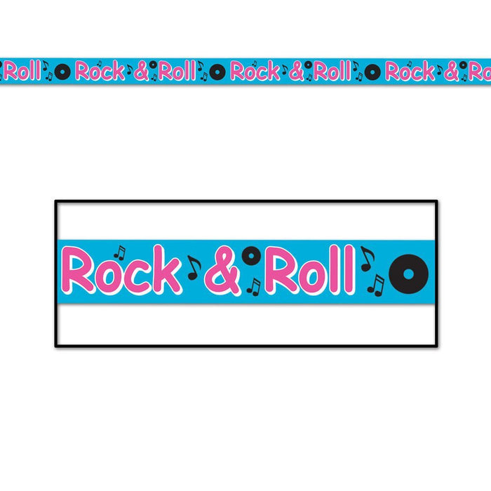 Bright blue decorative tape with pink "Rock & Roll" text, black musical notes, and vinyl record designs repeated across the width.