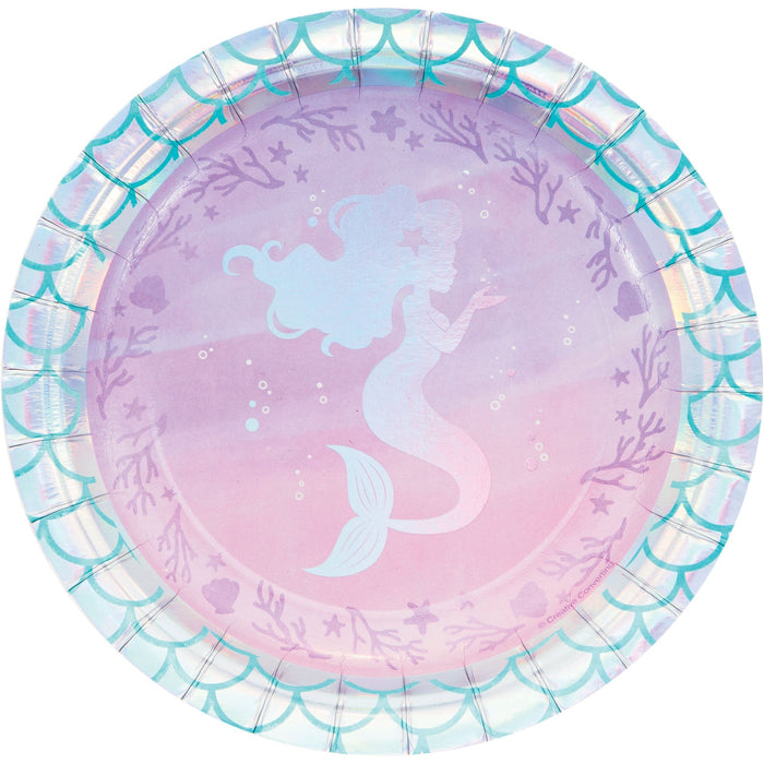 Mermaid Shine 7-inch paper plate with pastel mermaid silhouette, pink and lavender ocean background, bubbles, coral, starfish, shells, and iridescent teal scale border.