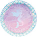 Mermaid Shine 7-inch paper plate with pastel mermaid silhouette, pink and lavender ocean background, bubbles, coral, starfish, shells, and iridescent teal scale border.