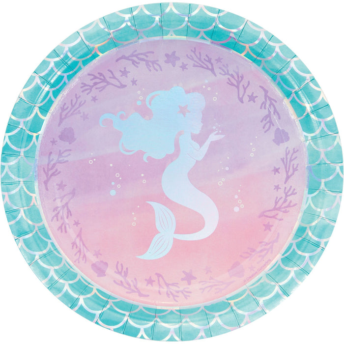 Mermaid Shine 9-inch paper plate with pastel mermaid silhouette, pink and lavender ocean background, bubbles, coral, starfish, shells, and teal scale border.