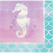 Mermaid Shine beverage napkin with a white seahorse silhouette, purple watercolor background, bubble accents, and teal mermaid-scale border.