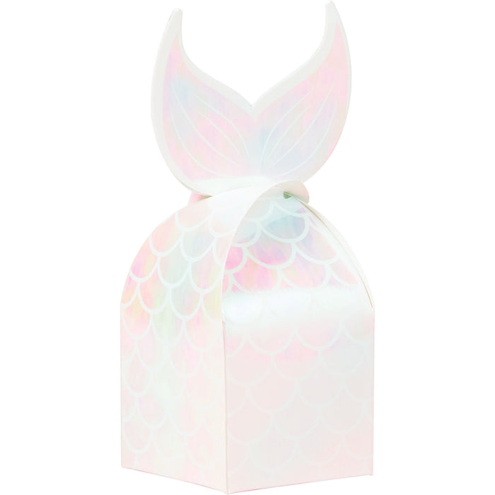 Mermaid Shine favor box with pastel iridescent mermaid-scale pattern and tall mermaid tail top on a white background.