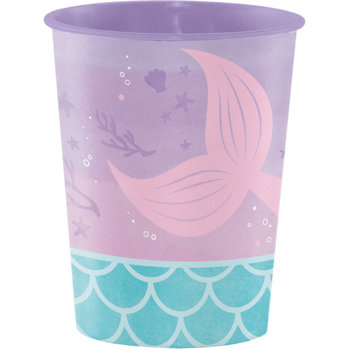 Mermaid Shine 16-ounce plastic cup with a pink mermaid tail, purple ocean background, bubbles, coral details, and teal scale border.