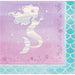Mermaid Shine luncheon napkin with shimmering mermaid figure, purple watercolor ocean background, bubbles, coral, seashells, starfish, and teal scale border.
