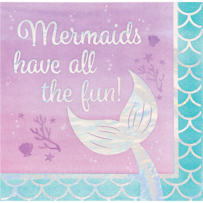 Mermaid Shine luncheon napkin with “Mermaids have all the fun!” text, silver mermaid tail, purple ocean background, and teal scale border.