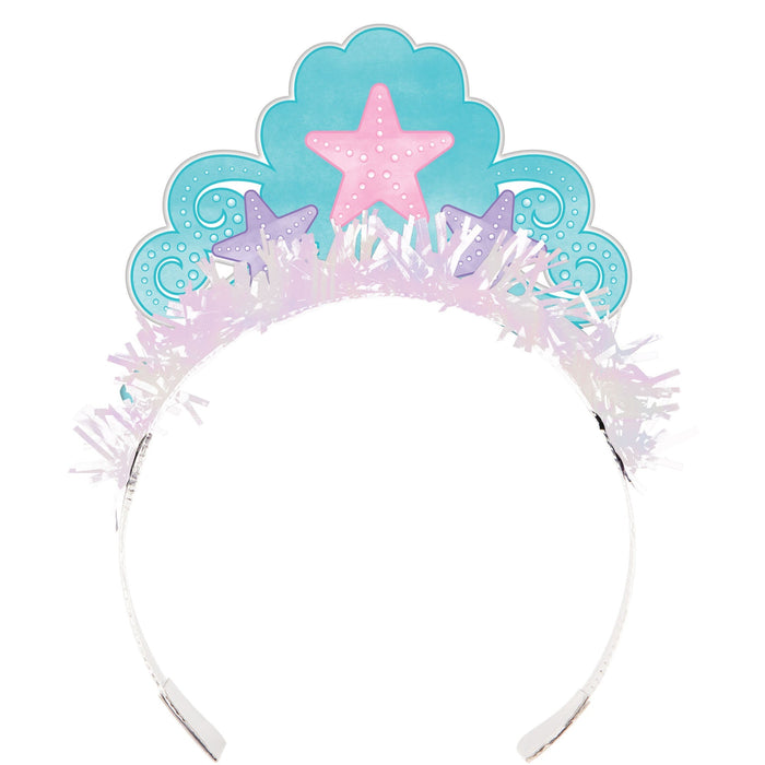 Mermaid Shine tiara with teal shell crown, pink and purple starfish accents, and shiny iridescent fringe on a clear headband.