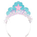 Mermaid Shine tiara with teal shell crown, pink and purple starfish accents, and shiny iridescent fringe on a clear headband.