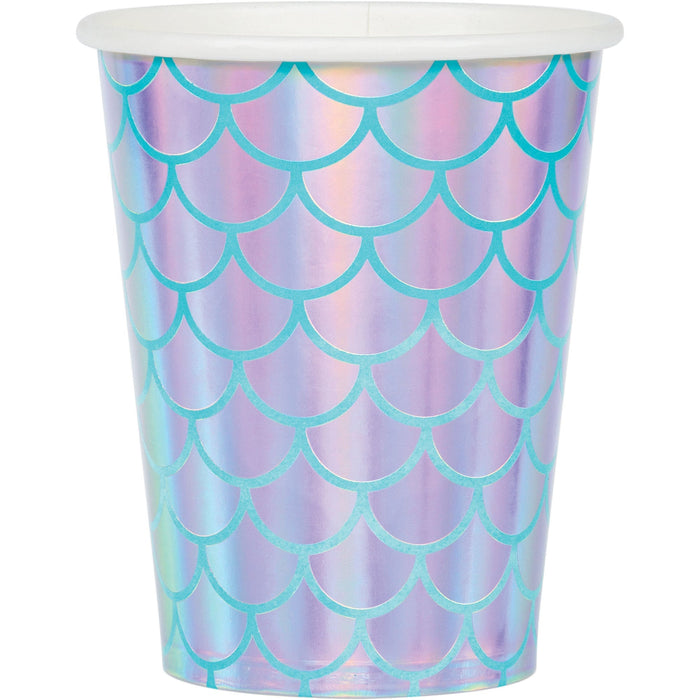 Mermaid Shine 9-ounce paper cup with teal mermaid-scale pattern, iridescent pastel finish, and white rim.