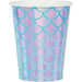 Mermaid Shine 9-ounce paper cup with teal mermaid-scale pattern, iridescent pastel finish, and white rim.