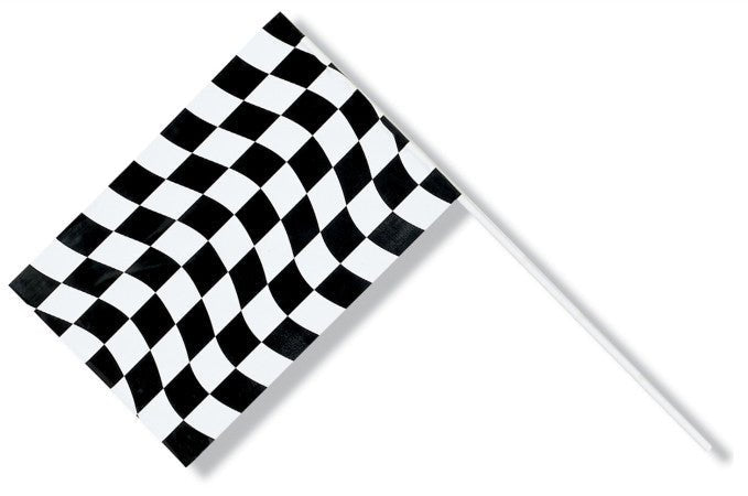 Black and white checkered flag on a white plastic pole, measuring 6 by 9 inches.