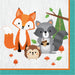 Wild One luncheon napkin with fox, raccoon, hedgehog, mushrooms, leaves, trees, woodgrain details, and teal border.