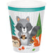 Wild One 9-ounce paper cup with raccoon, hedgehog, squirrel, trees, mushrooms, woodgrain details, and teal top border.