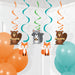 Wild One dizzy dangler decorations with orange, teal, and green spiral streamers, fox, raccoon, and beaver cutouts.