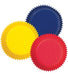 Three stacks of fluted baking cups in yellow, navy blue, and red arranged overlapping on a white background.