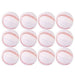 Twelve light pink foam baseballs with red stitching arranged in three rows of four against a white background.