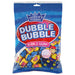 A blue resealable bag of Dubble Bubble bubble gum with red oval logo, containing colorful wrapped pieces of yellow, pink, and blue gum.