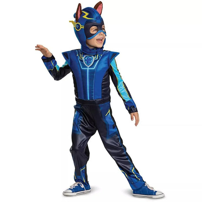 Child's blue and black superhero costume with cat ears headpiece, featuring cyan accents, lightning bolt designs, and a chest emblem, displayed on a young model wearing blue sneakers.