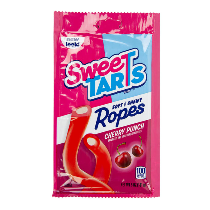 Sweetarts Chewy Ropes Cherry Punch: chewy candy ropes, red in color. Sold in a 5 oz clear plastic peg bag that hangs from a printed header card, with the candy visible inside.