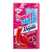 Sweetarts Chewy Ropes Cherry Punch: chewy candy ropes, red in color. Sold in a 5 oz clear plastic peg bag that hangs from a printed header card, with the candy visible inside.