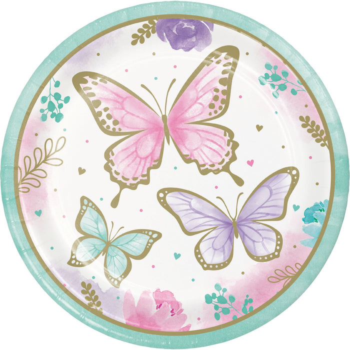 Butterfly Shimmer 9-inch paper plate with pastel pink, purple, and teal butterflies, gold accents, watercolor flowers, hearts, and a teal border.