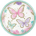 Butterfly Shimmer 9-inch paper plate with pastel pink, purple, and teal butterflies, gold accents, watercolor flowers, hearts, and a teal border.