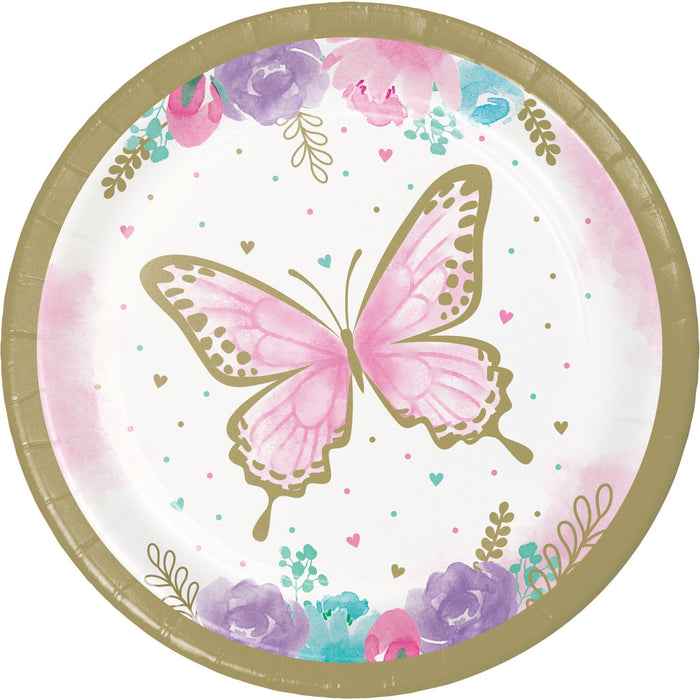 Butterfly Shimmer 7-inch paper plate with a pink watercolor butterfly, gold accents, pastel flowers, hearts, confetti dots, and a gold border.