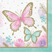 Butterfly Shimmer luncheon napkin with pink and teal butterflies, gold outline details, watercolor flowers, hearts, confetti dots, and a teal border.