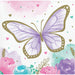 Butterfly Shimmer beverage napkin with a purple watercolor butterfly, gold outline details, pastel flowers, hearts, and confetti accents.
