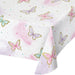 Butterfly Shimmer paper tablecover with pastel pink, purple, and teal butterflies, gold accents, watercolor washes, hearts, and confetti dots on a white background.