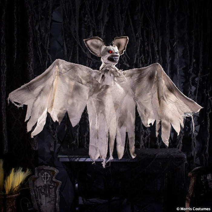 Full-length product photo of the 35" Animated Light-Up Hanging Bat, shown against a plain white background — posed as an animated figure, with glowing light-up details, designed to hang. It measures about 62 3/4" x 6 1/4" x 35 1/2". A Halloween decoration.