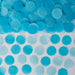 Gender Reveal Blue Tissue Confetti with light blue and bright blue tissue circles scattered on a white surface.