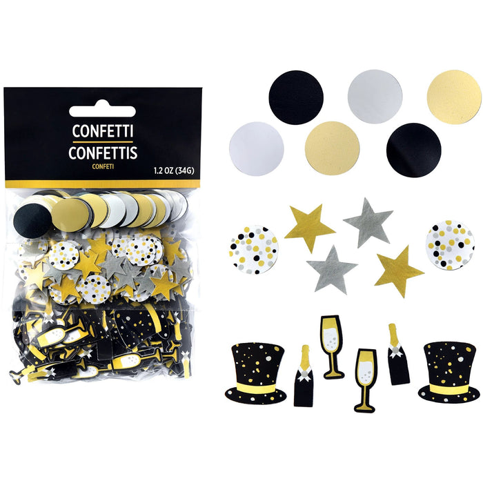 A 1.2 ounce package of New Year's Black, Silver, Gold Confetti.